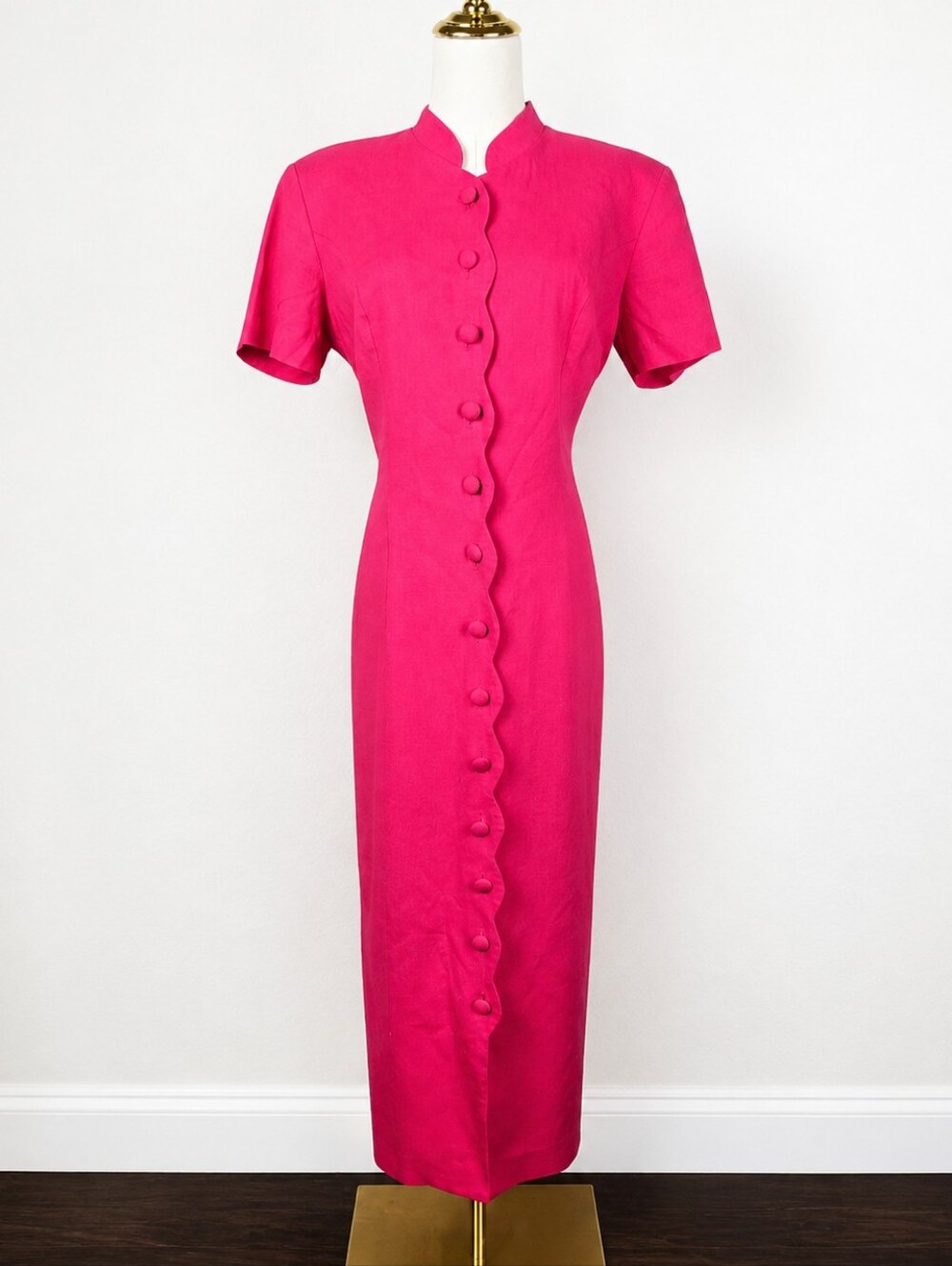 Vintage 90s Hot Pink Linen Blend Sheath Midi Dress Mandarin Collar Made USA 10